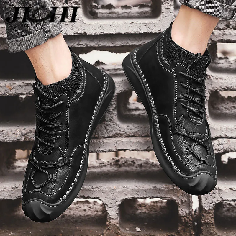 

JICHI Leather Casual Shoes Breathable Men Shoes Classic High Top Motorcycle Men Sneakers Comfortable Lace-Up Hommes Chaussures
