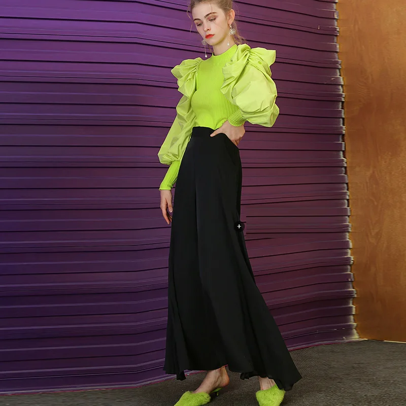 Флуоресцентный зеленый женский свитер с пышными рукавами 2021 Новое поступление