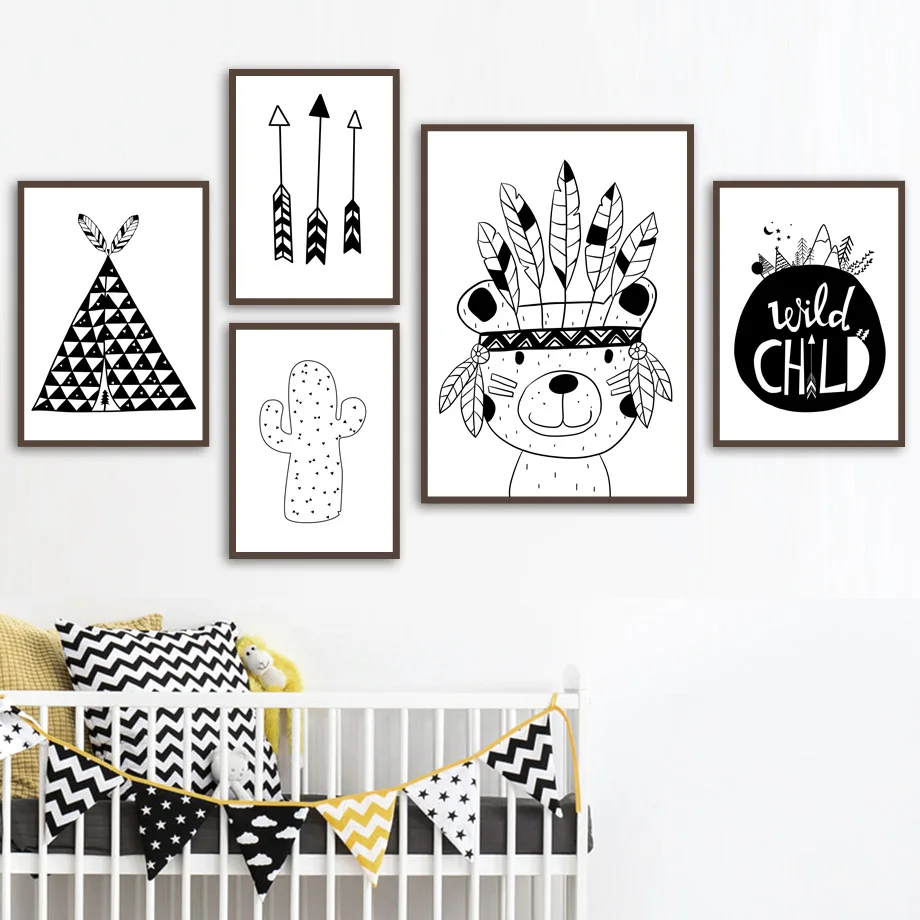 

Black White Cartoon Panda Bear Arrow Wall Art Canvas Painting Nordic Canvas Posters And Prints Wall Pictures For Kids Room Decor