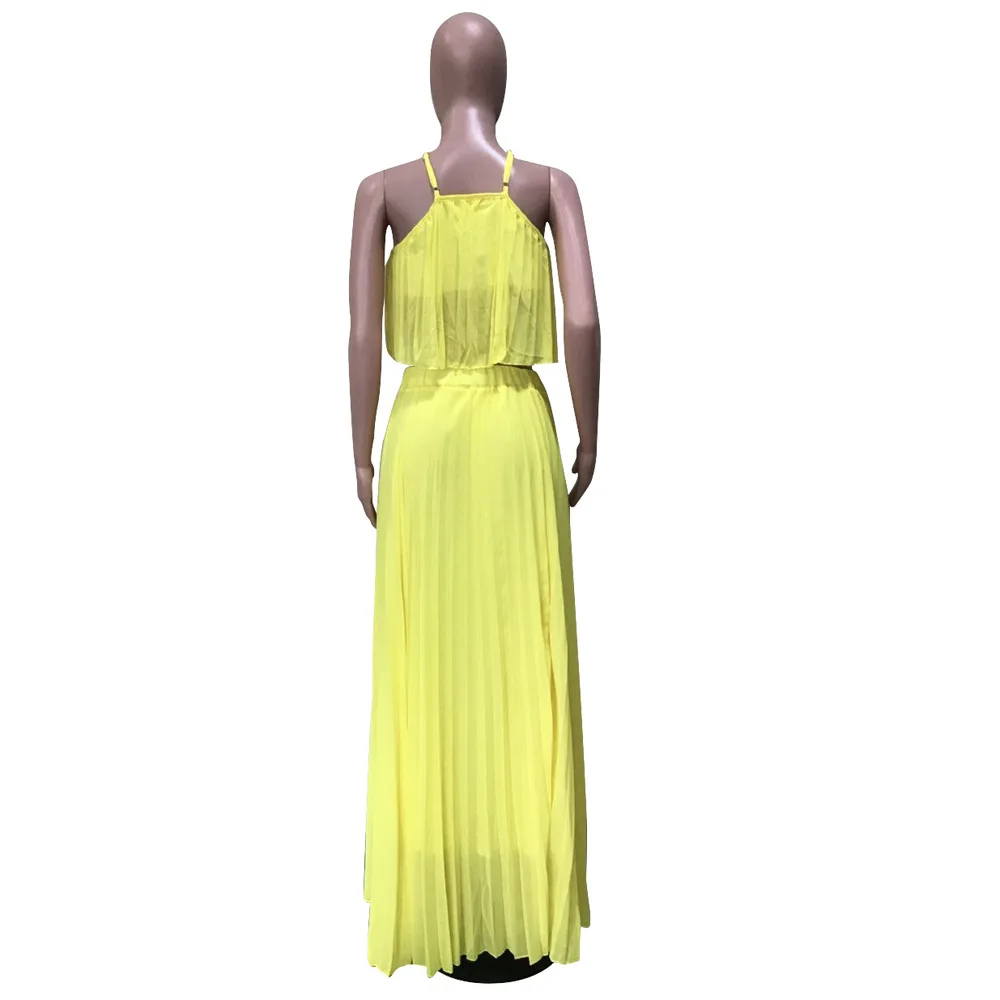 

2021 Spring Women Skirt Set Pleated Crop Top + Long Dress Solid Color Sleeveless Streetwear Woman Dress Vestidos