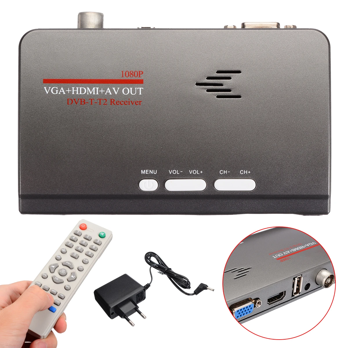 Mewest 1 шт. HD 1080P с VGA версией DVB T/T2 ТВ приставка черный AV CVBS цифровой ресивер пульт