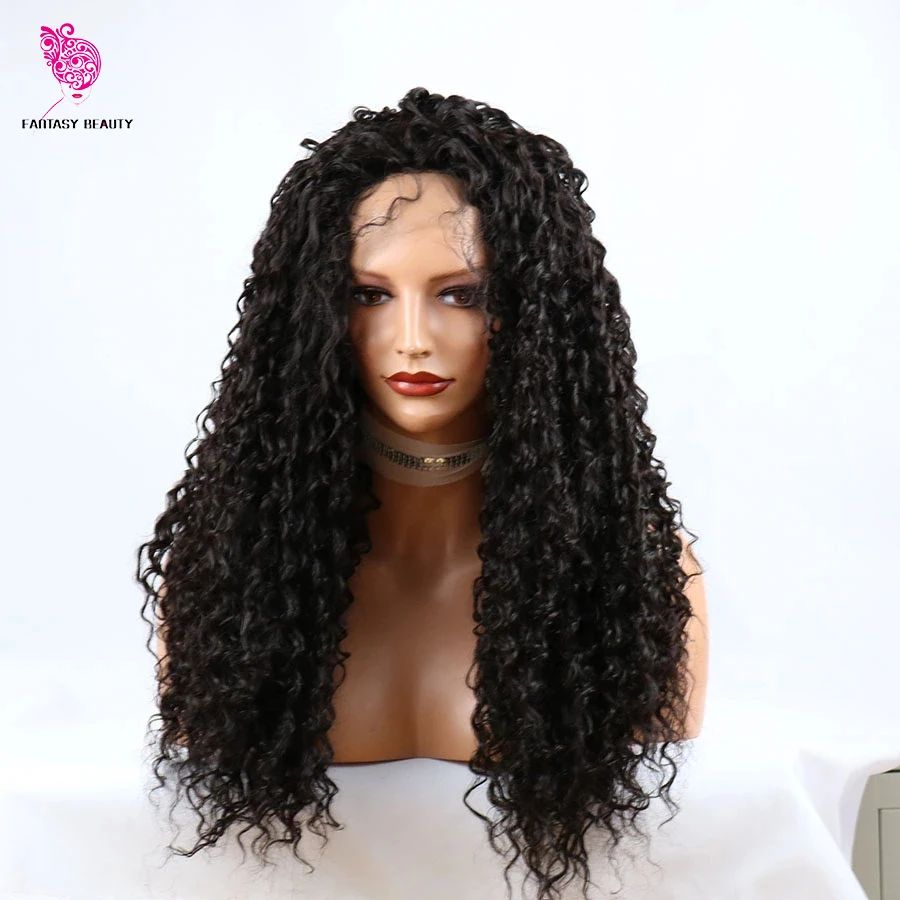 Черный цвет кудрявые синтетические парики на фронте шнурка 180% высокая плотность