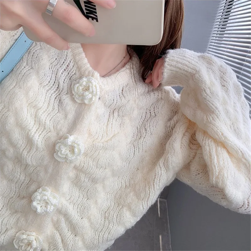EBAIHUI Mohair Sweater Cardigan Women Thick Warm Knitted Winter Clothes Floral Casual Loose Crop Top Short Coat |