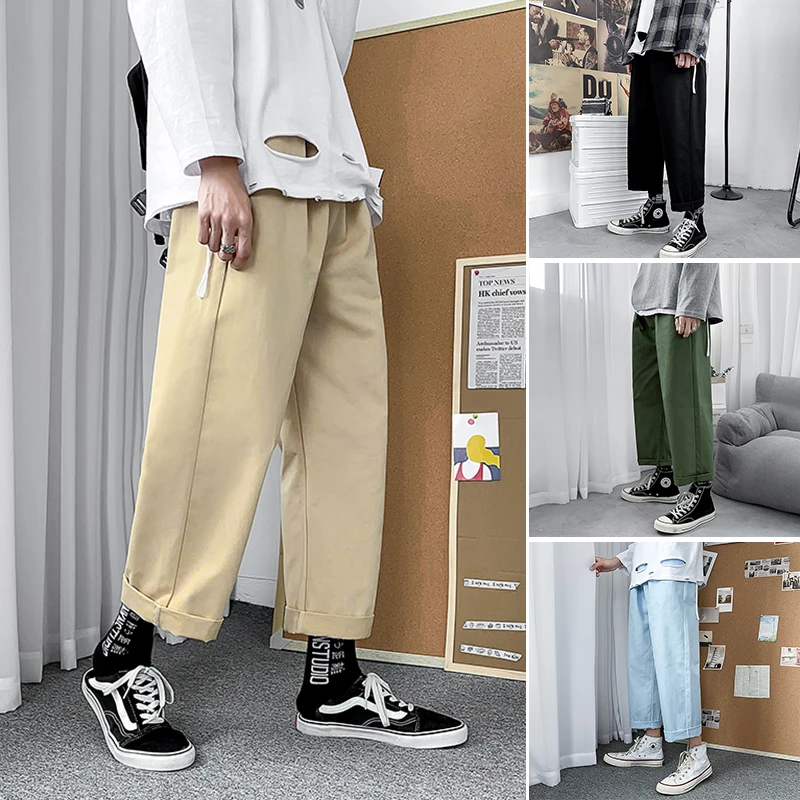 

Spring Autumn Solid Color Casual Pants Men's Korean Loose Straight Wide Leg Pants Men Streetwear Hip-hop Ankle-length Pants Men