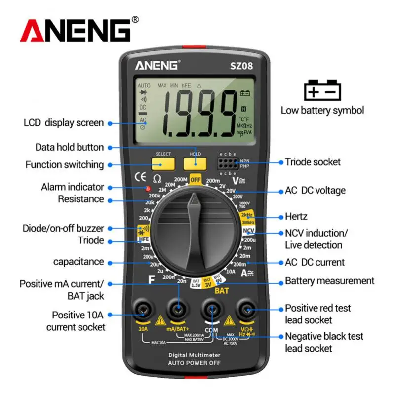 Цифровой мультиметр ANENG SZ08 транзистор переменного/постоянного тока