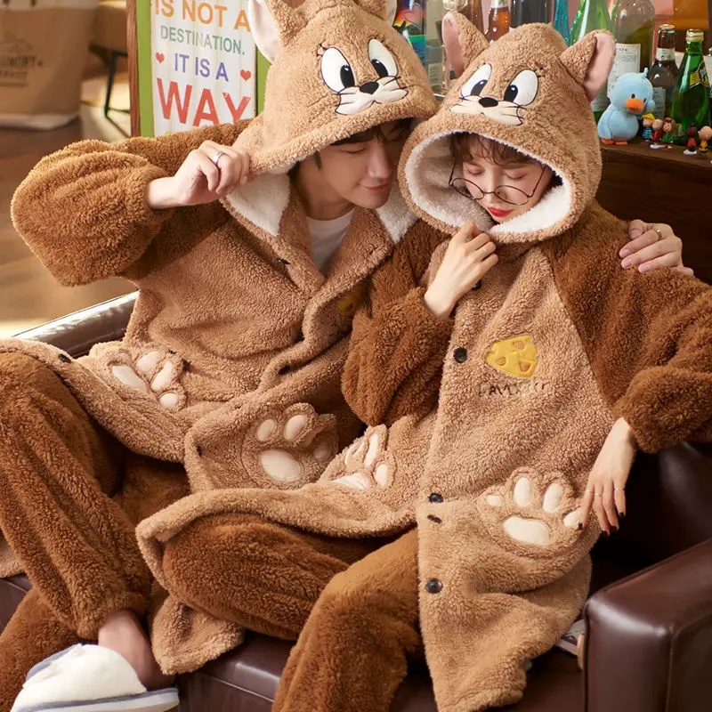 

Women Pajamas Autumn and Winter Plush Cartoon Slepwear Set Cute Warm Thicken Hooded Plus Velvet Male Home Wear Couple Pajama