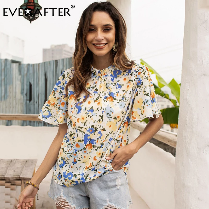 

EVERAFTER Colorful Frill Neck Print Blouse Women Shirts 2020 Summer Elegant Loose Holiday Beach Office Lady Tee Tops and Blouses