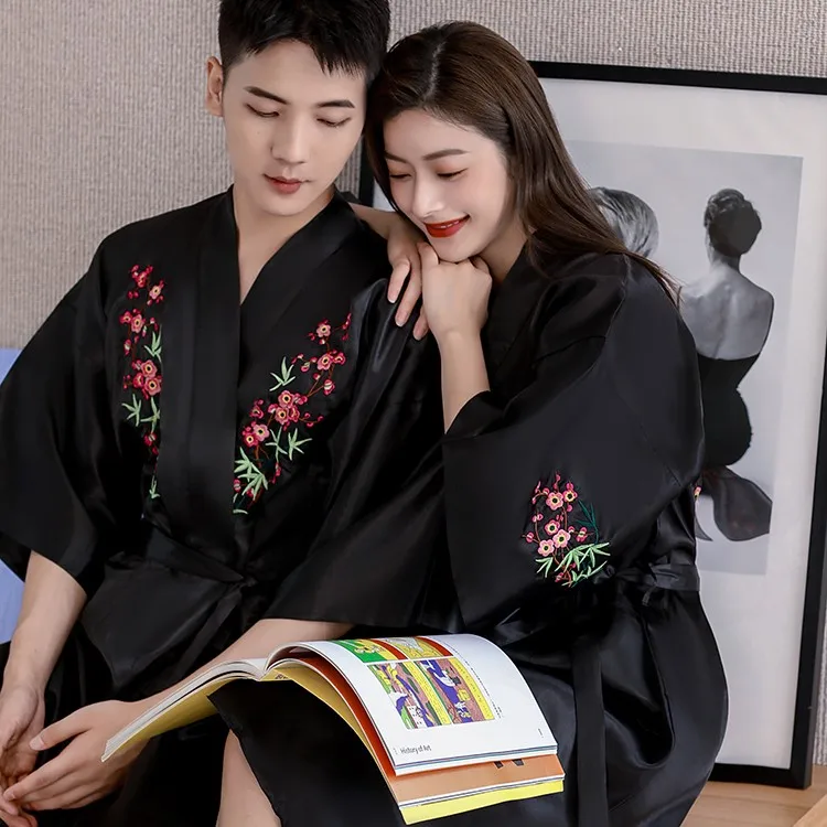 

Casual Nightgown Satin Embroidery Homewear Intimate Lingerie Couple Nightwear Kimono Robe Short Sleepwear Bathrobe Gown