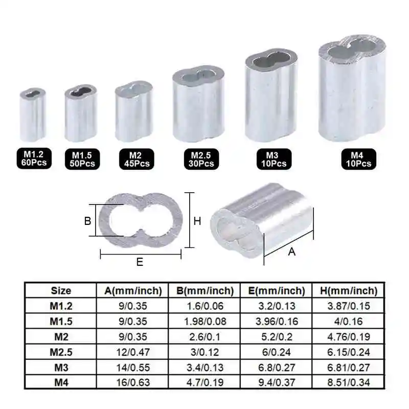 HHO-250Pcs трос наперсток комбо и алюминиевая опрессовка петля рукав Ассортимент