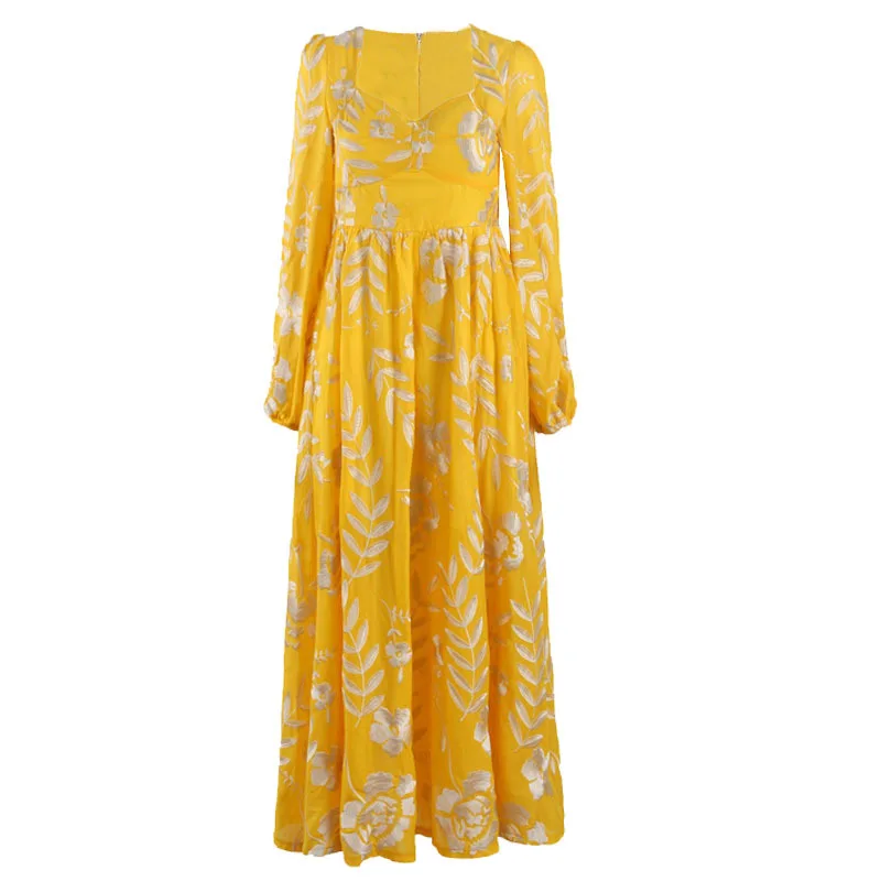 

Ethnic style embroidered dress women's French waist down show thin holiday dress yellow 2021 knee length skirt