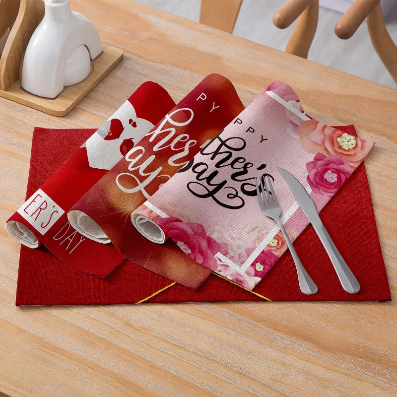 

Mother's Day Food Placemats For Kitchen Table Red Flowers Heart Printed Waterproof Coaster Mat Modern Home Party Decor 30*40cm
