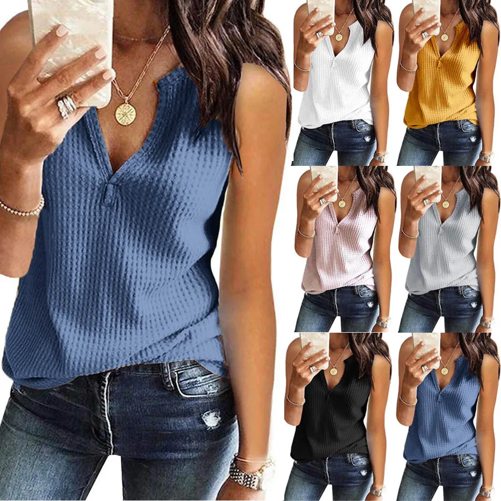 Женские футболки модные рубашки с V-образным вырезом без рукавов однотонные
