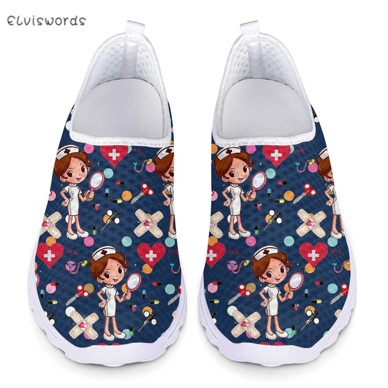 

ELVISWORDS 2020 Casual Women Sneakers Nurse Hospital Print Comfortable Mesh Nursing Shoes Flats for Female Summer Beach Footwear