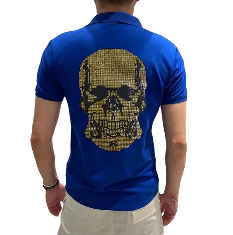 

Модная уличная одежда Стразы, топы с коротким рукавом, мужские повседневные рубашки поло с отложным воротником и черепами из аниме