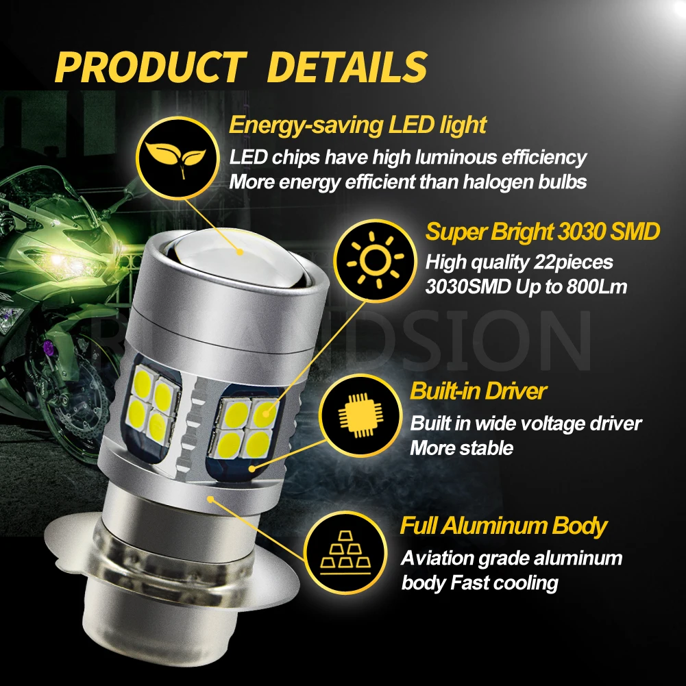 1 шт. P15D H6M Мотоцикл головной светильник DRL 3030SMD Светодиодный лампа 6000K белый 3000K