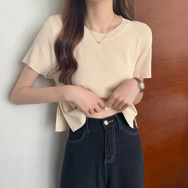

Solid Women T-Shirts Summer Short Sleeve Knitted Tops High Waist Bottoming T-Shirt Female Drawstring Top