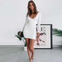 women sexy long sleeve slim elastic bodycon bandage dress short pleated party dresses solid low neck bodycon club party dress