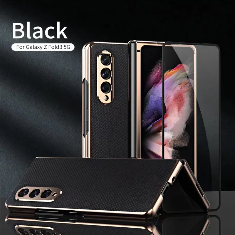 front glass leather case for samsung galaxy z fold3 fold 3 5g phone cover 360 full protection cover shockproof free global shipping