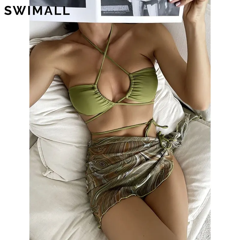 

Bandage Three Piece Swimsuit Women Halter Bikini Set Female Swimwear Sexy Brazilian Micro Bathing Suit Beach Wear Bather Biquini