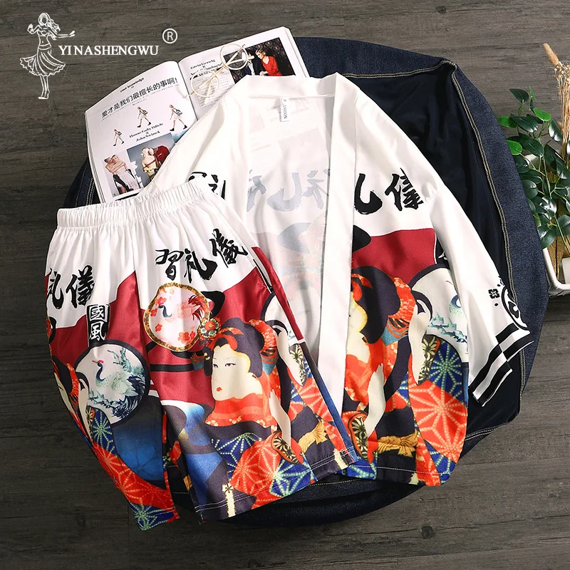

Japanese Kimono Men Yukata Men Women Robe Kimono Cardigan Men Beach Thin Casual Shirt Kimono Cosplay Kimono Set Top and Pants
