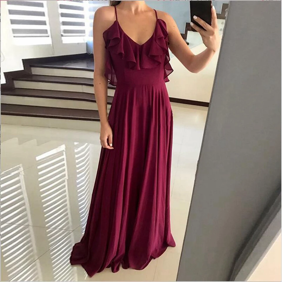 Бургундские платья для выпускного вечера длинные шифоновые с глубоким v-образным
