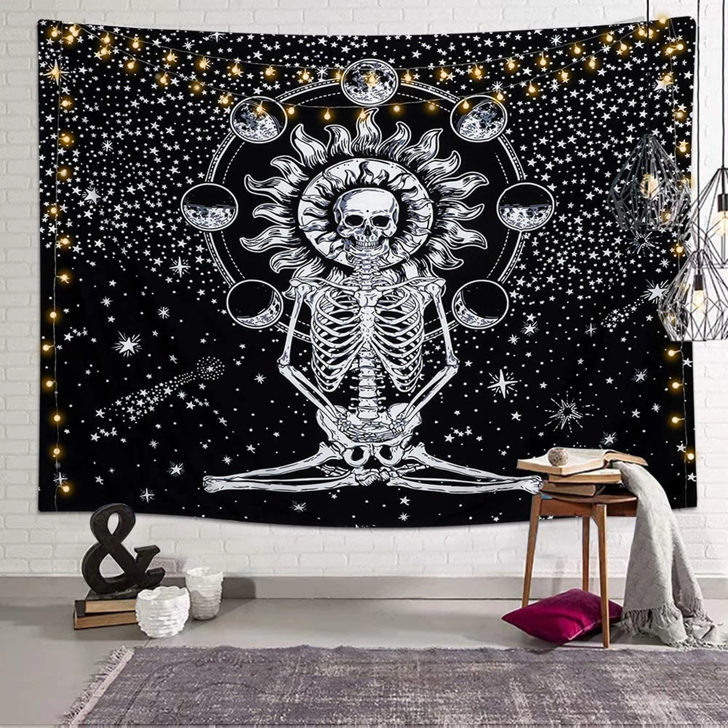 

Skull Tapestry Wall Hanging Meditation Skeleton Tapestries Black and White Moon Eclipse Starry Night Sky Tapestry 150x200cm