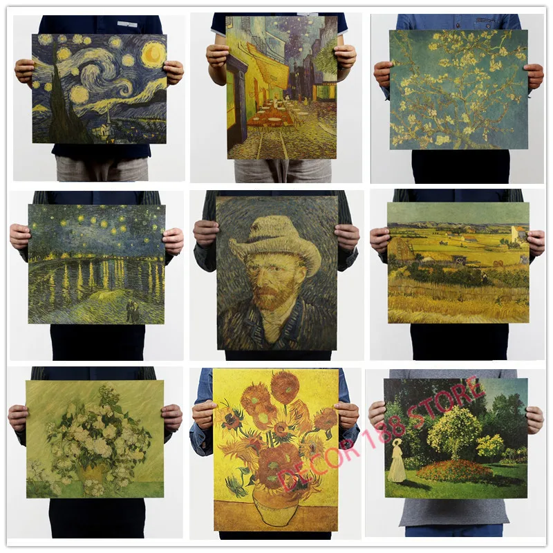 

Van Gogh Monet Oil Painting Starry Sky Sunflower Night Open Air Cafe Kraft Paper Poster Bar Wallpaper Decorative Wall Sticker