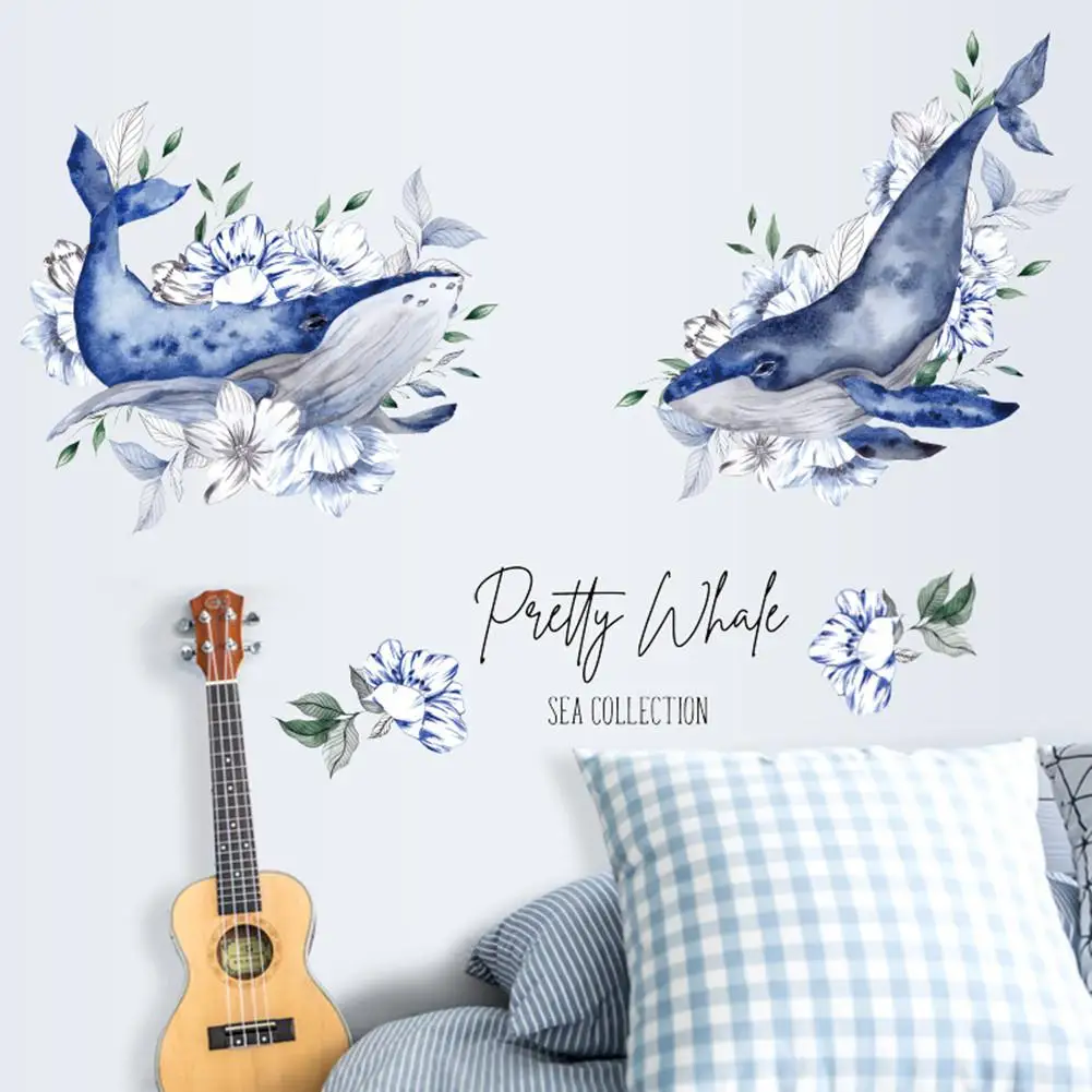 Настенные Стикеры с ручной росписью рисунком Кита и синих цветов для гостиной