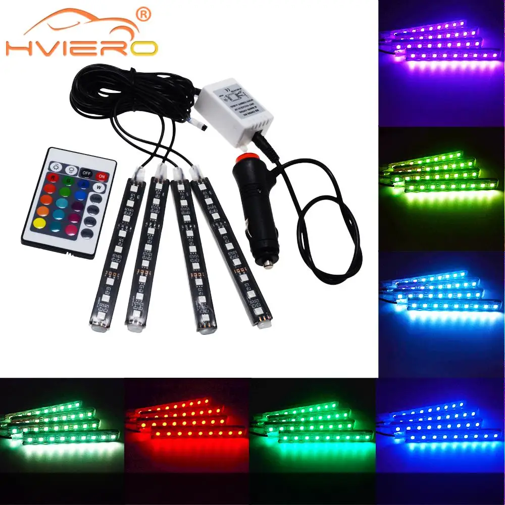 4 шт. Автомобильный светодиодный RGB светодиодный светильник 5050 SMD с автоматическим пультом дистанционного управления, декоративный гибкий светодиодный купольный атмосферный комплект противотуманных фар 12 В постоянного тока