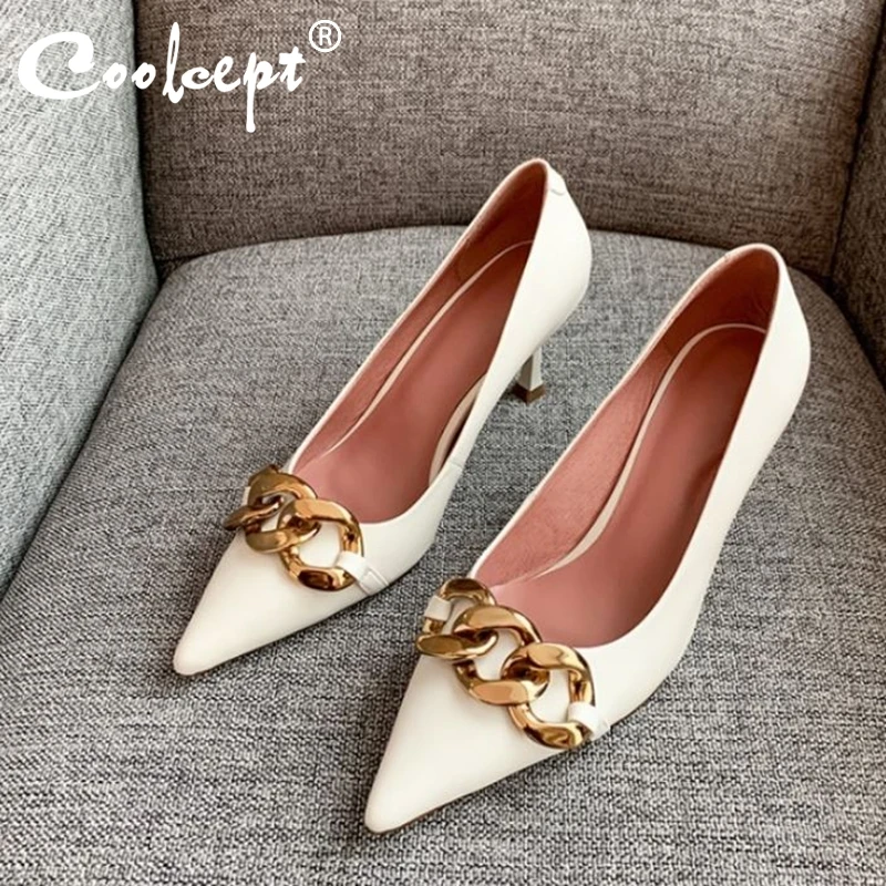 

Coolcept 2021 New Women Pumps Real Leather Pointed Toe Thin Heel Slip On Metal Chains Party Shoes Female Footwear Size 33-41