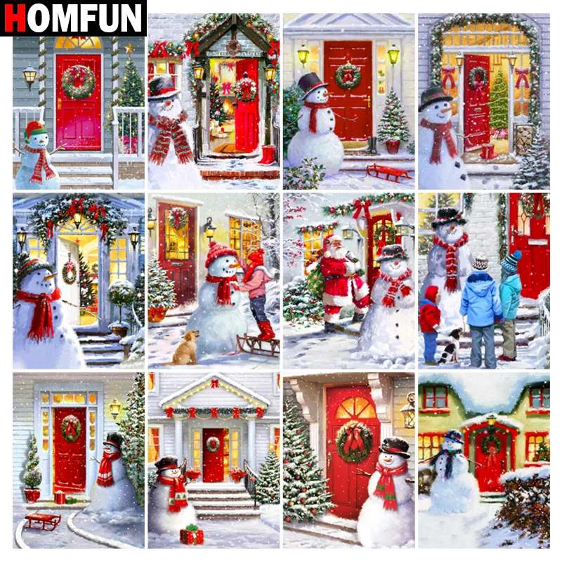 

Алмазная живопись HOMFUN, вышивка крестиком «Рождественский Снеговик, дверь», полноразмерная, круглая, для творчества, 5d алмазная вышивка, стразы