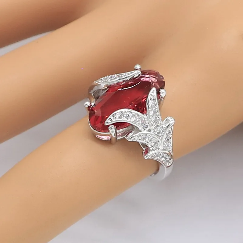 Red Ruby Silver Color Wedding Jewelry Set for Women Bracelet Earrings Necklace Pendant Ring Gift Box | Украшения и аксессуары