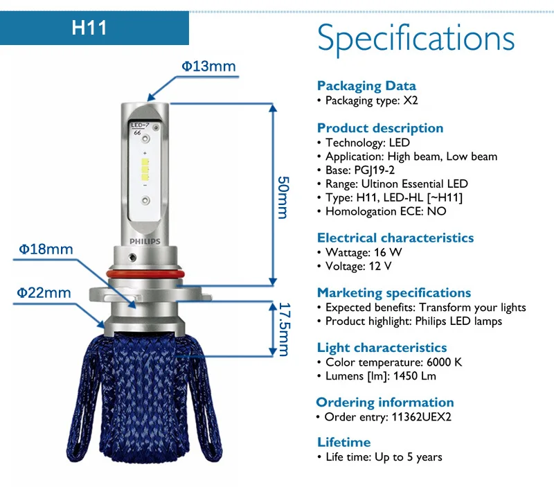 Philips Ultinon Эфирное светодиодный комплект 6000 K 12 V H4 H7 H11 HB3 HB4 H1R2 9005 9006 9012 фар H8 H11 H16 противотуманная фара