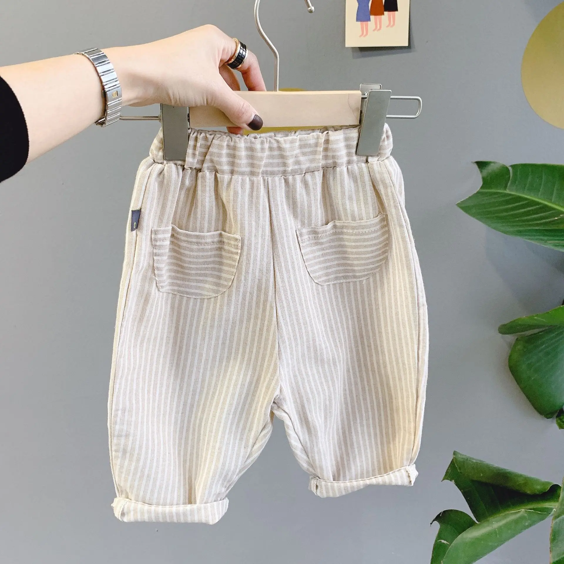 

Spring Summer Kids Casual Trousers Cotton Striped Children Harem Pants Pure Color Baby Boys Girls Pants Pockets Clothes