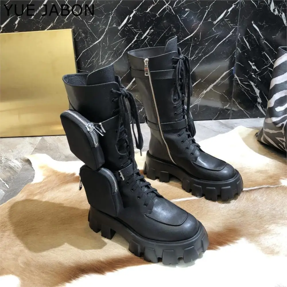 

2020 New Designer Pocket Knight Boots Black Woman Round Toe Chunky Sole Flat Platform Mid-Calf Botas Mujer Motorcycle Shoes