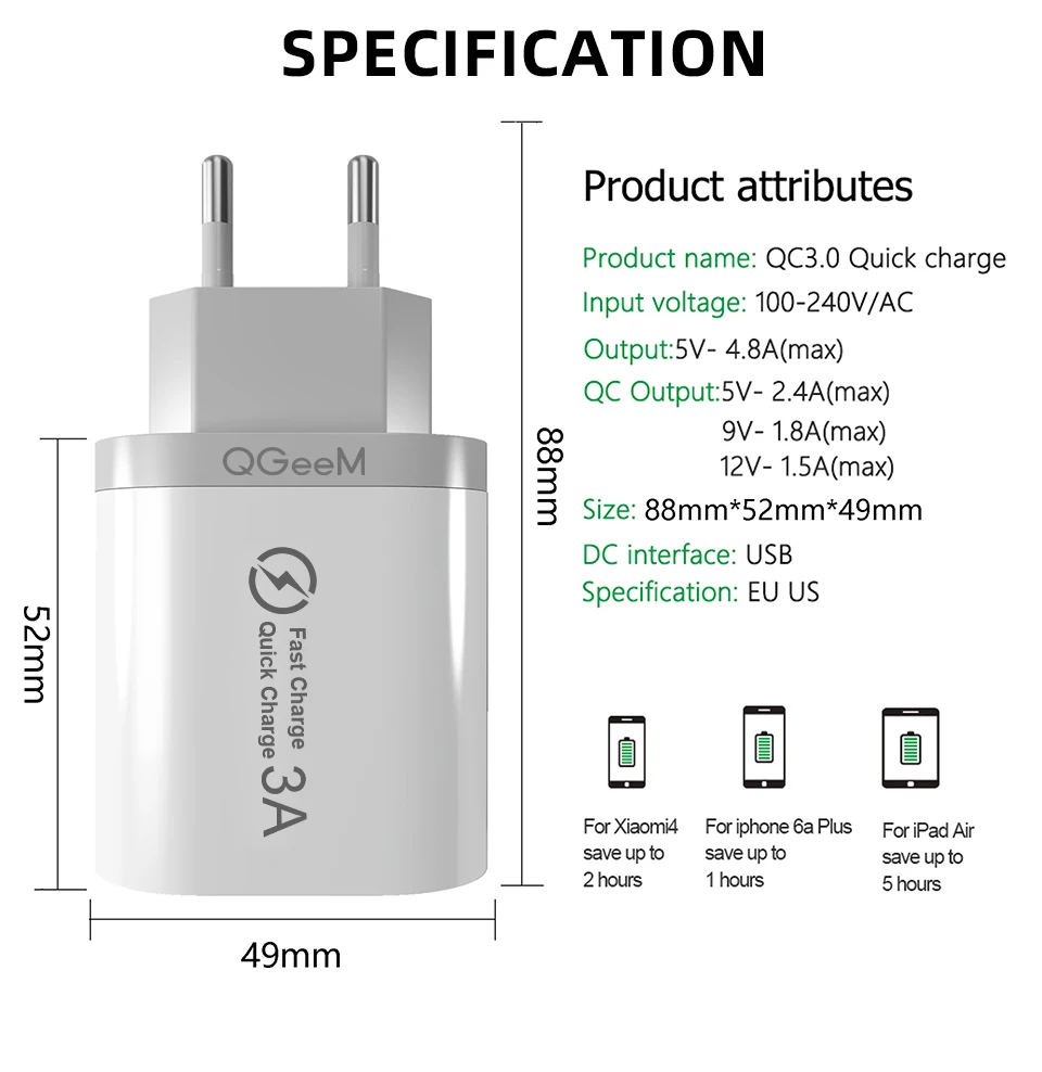 QGEEM 3 USB зарядное устройство для iPhone Quick Charge 3,0 быстрое зарядное устройство для Xiaomi QC 3,0 портативное зарядное устройство для телефона зарядный адаптер