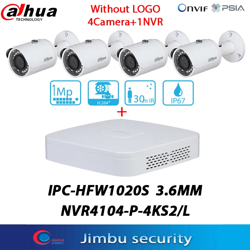 

Dahua 1MP IP Camera Kit 4PCS IPC-HFW1020S 3.6mm no Logo IR30M POE IP67&4CH NVR4104-P-4KS2/L 1U 1HDD 4PoE Network Video Recorder