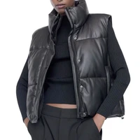new autumn winter women black sleeveless faux leather jacket casual zipper solid coat female warm cotton outwear tops ladie