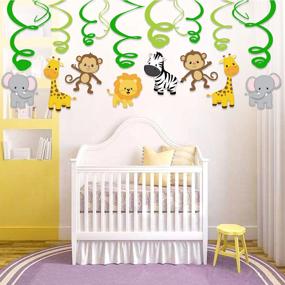 

30pcs PVC Cute Party Decor Jungle Theme Gift Ornament Home Hanging Swirl Set Cartoon Zoo Festival Birthday Baby Shower Kids