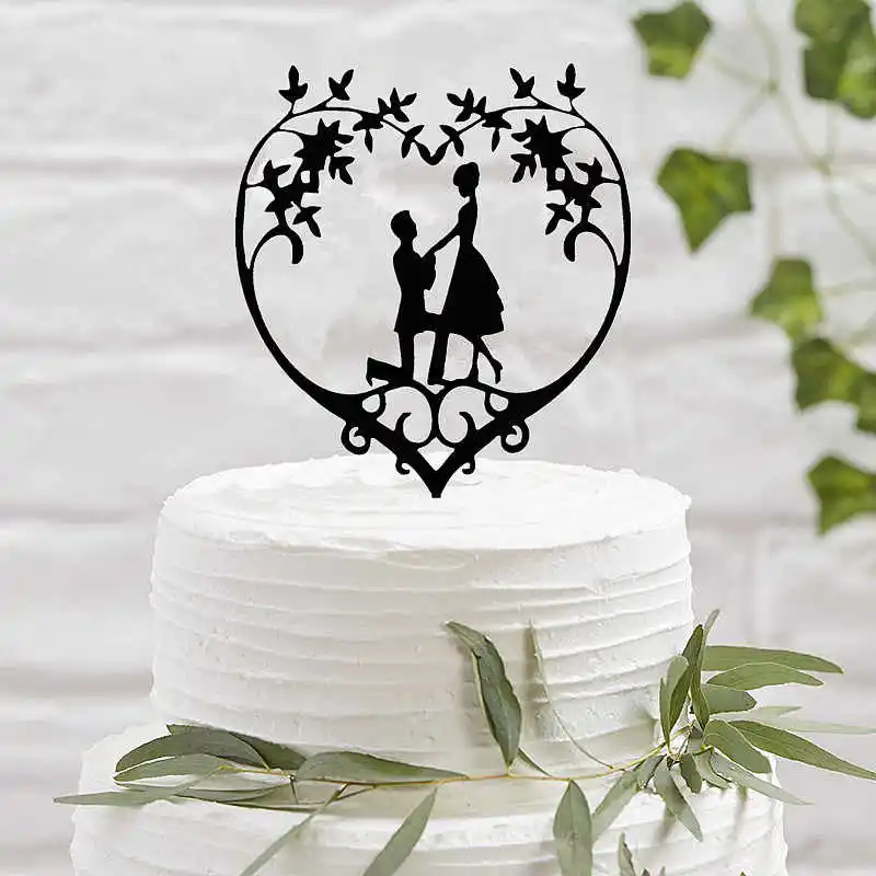 Деревенский стиль акриловый черный свадебный торт Топпер Цветочное сердце предложение Свадебный обручение торт Топпер жениха и невесты