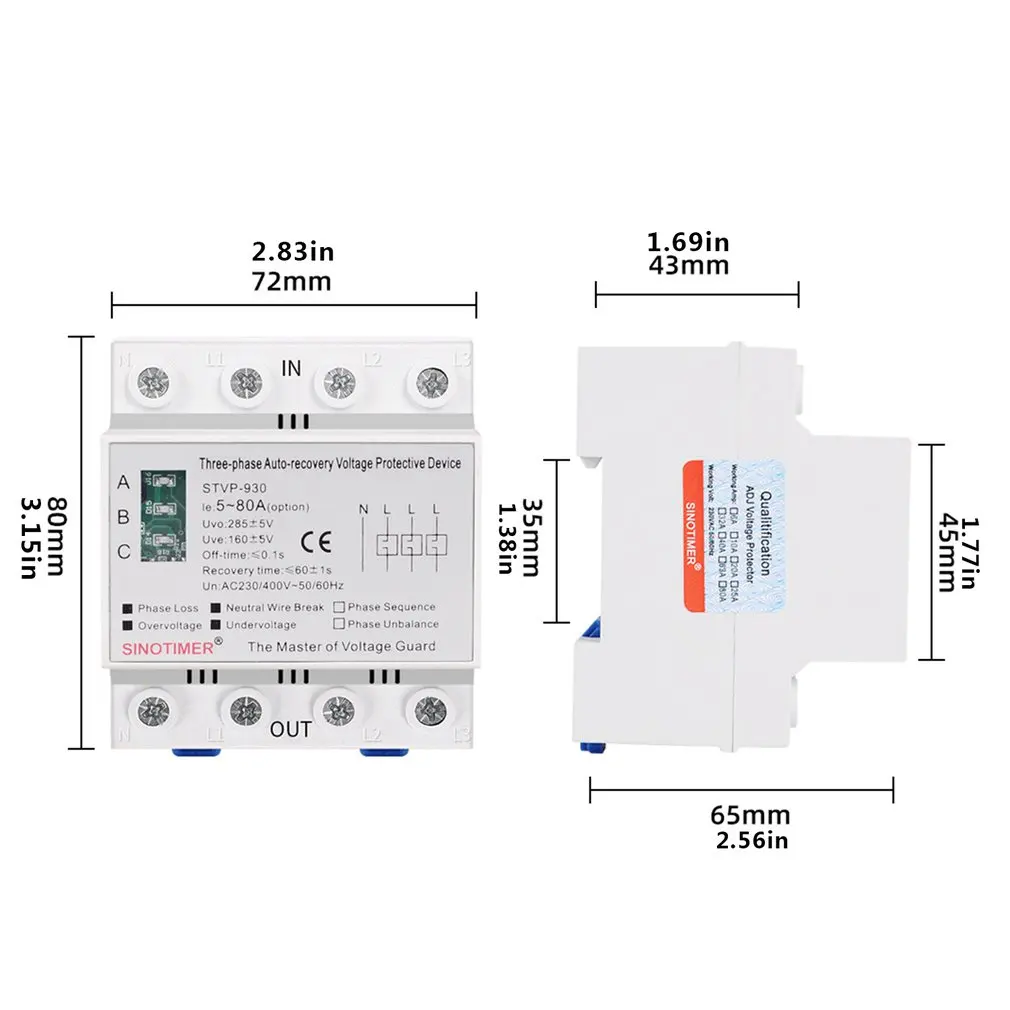 

380V Three Phase Self Recovery Voltage Protectors Automatic Reconnect Surge Voltage Protective Devices DIN Rail Mounted