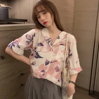 women floral printing shirt single breasted loose sweet holiday style short sleeve chiffon blouse tops for female