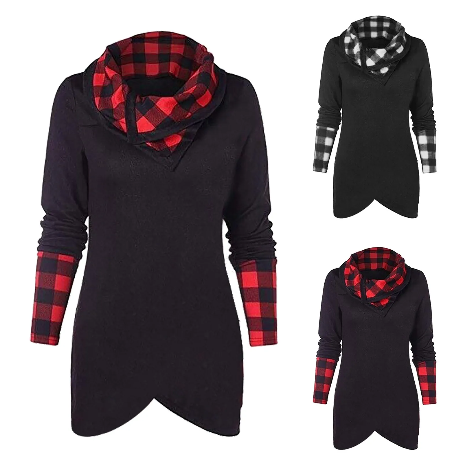 

Fashion Plaid Tunic Blouse Shirt Turtleneck Tops Autumn Winter Tee Casual Ladies Tops Female Women Long Sleeve Blusas Pullover