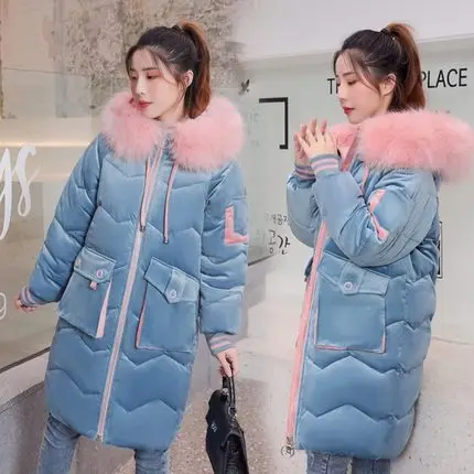 

2020 Velvet Down Parka Big Collar Big Fur Winter Parka Large Code Jacket Long Loose Pockets Female Thicken Warm Outwear