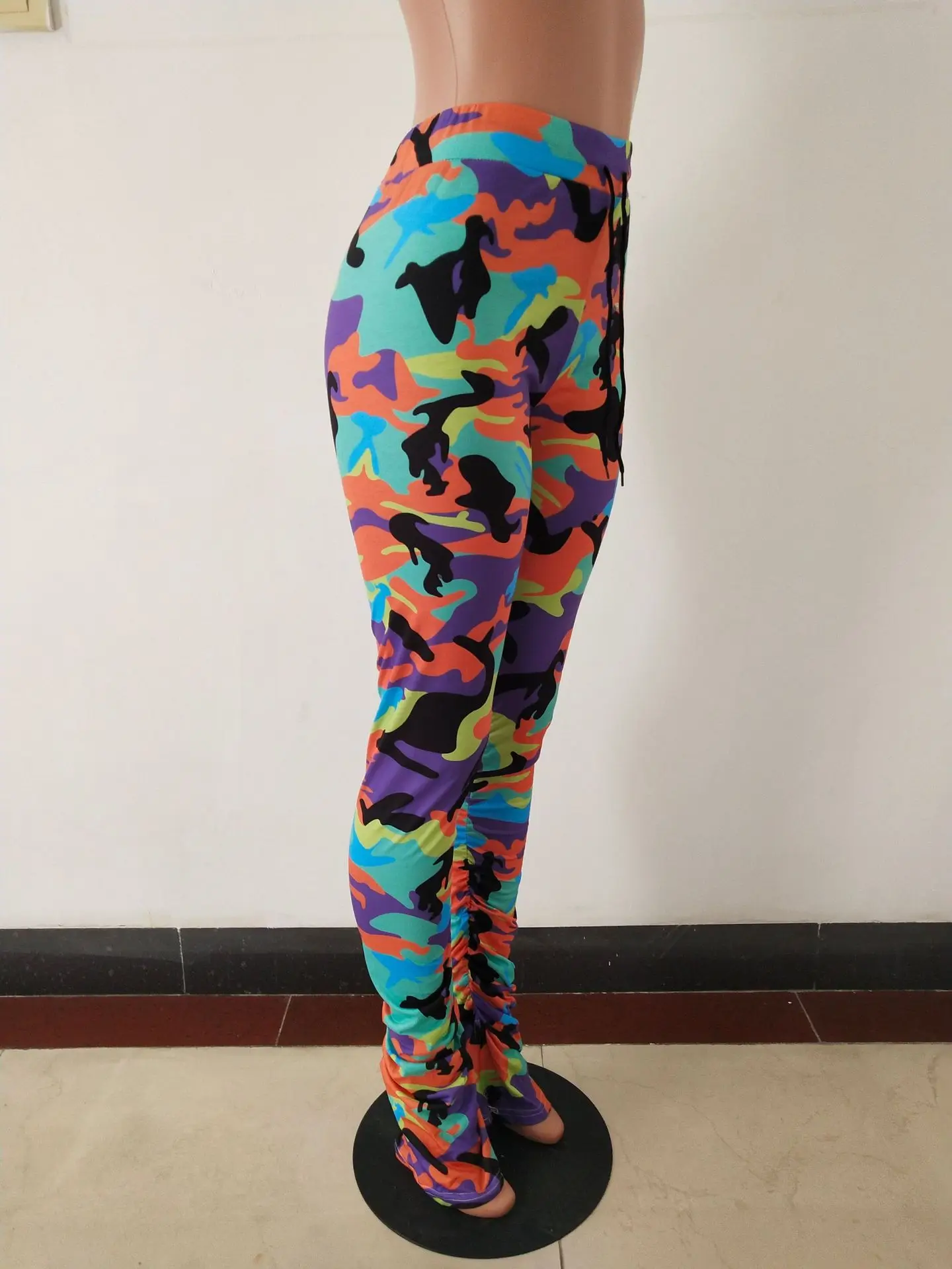 

High Waist Camouflage Print Ruched Pants Women Joggers Elastic Stacked Leggings Bell Bottom Trouser Flare Ruched Pants Plus Size