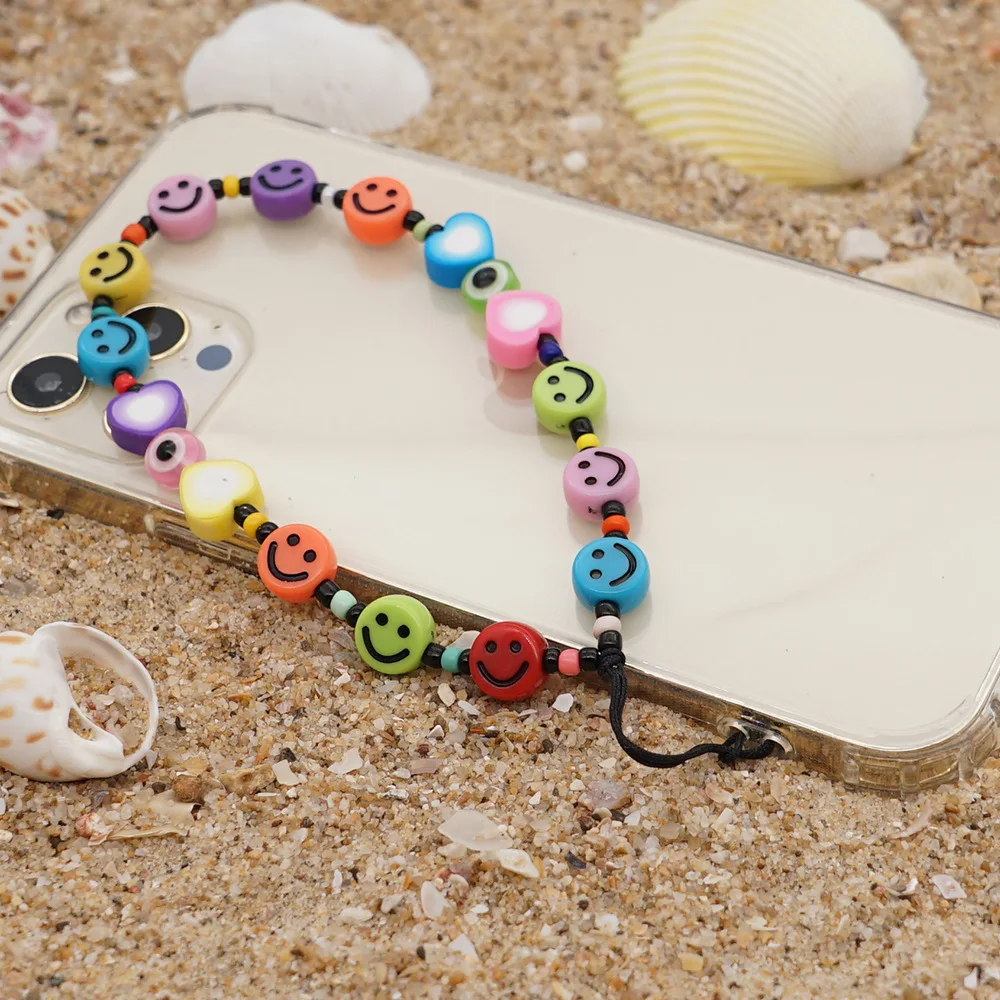 

New Bohemian Colored Soft Clay Smiley Face Mixed Color Peach Heart Men Women's Universal Mobile Phone Chain Lanyard Jewelry Gift