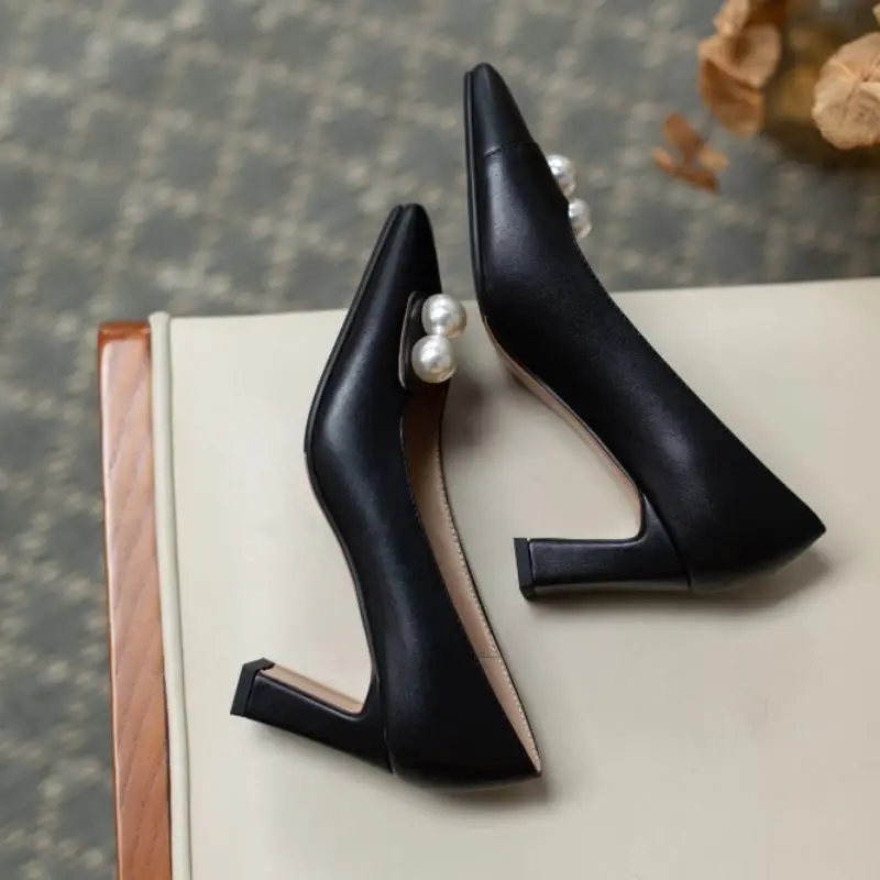 

KemeKiss Size 32-40 Women Pumps Fashion Beads Thick High Heel Shoes Woman Spring Square Toe Office Lady Party Daily Footwear