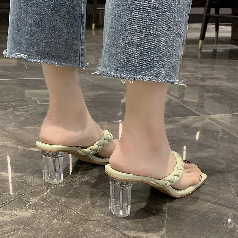 

2021 Women Summer Slippers Adult Slide PU Fashion Solid Wedge Brand Knitting Outside Flip-flops High Heel Lady Shoes Solid 35-42
