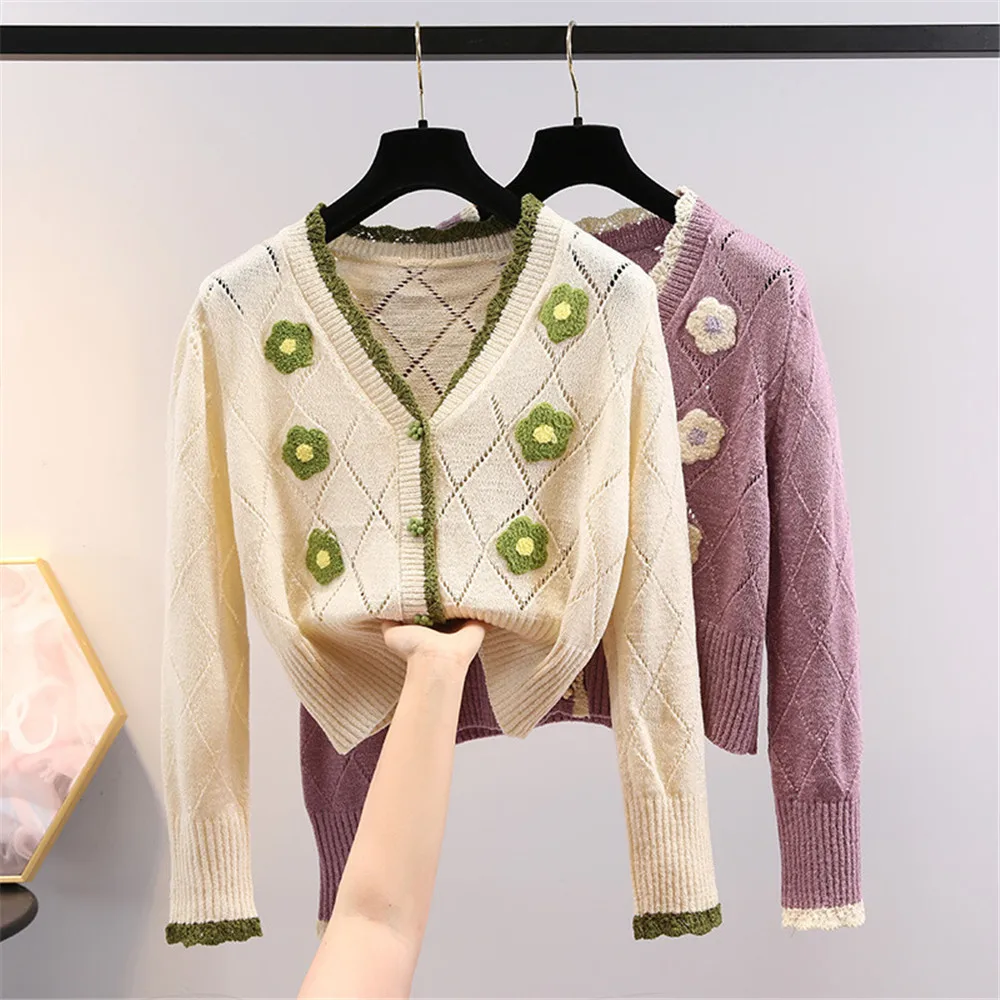 

Women Kawaii Knitted Button Flower Pattern Cardigan V-Neck Long Sleeve Single-Breasted Sweaters Winter Autumn Outwaer 2021
