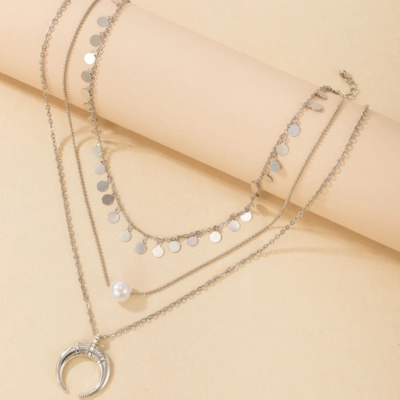 

Tocona Bohemian Moon Pearl Pendant Necklace for Women Multilayer Silver Color Sequins Tassel Choker Necklace Charming Jewelry